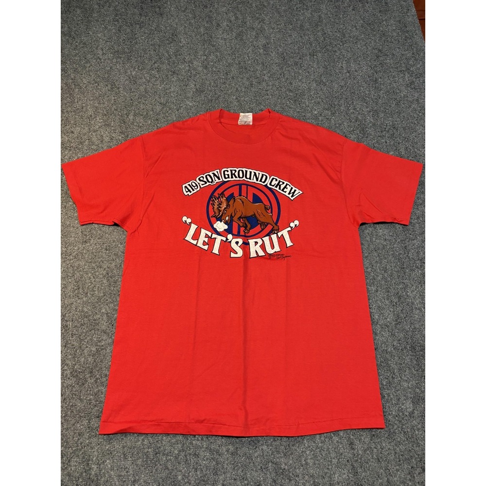 Vintage 419 SQN Ground Crew Shirt Mens XL Red Let's Rut Moose Hanes 1982 80s